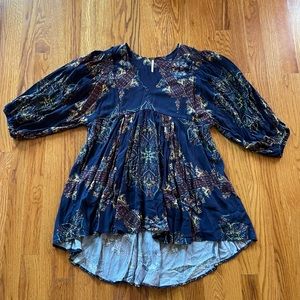 Free People navy blue v-neck tunic with colorful design